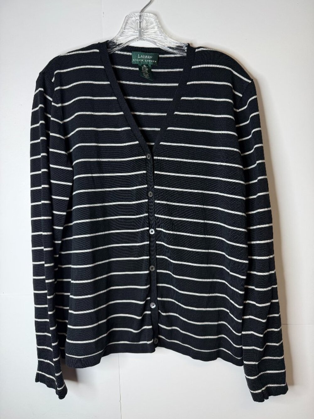 Lauren Ralph Lauren Women's XL Black White Striped Silk Blend Cardigan V-Neck
